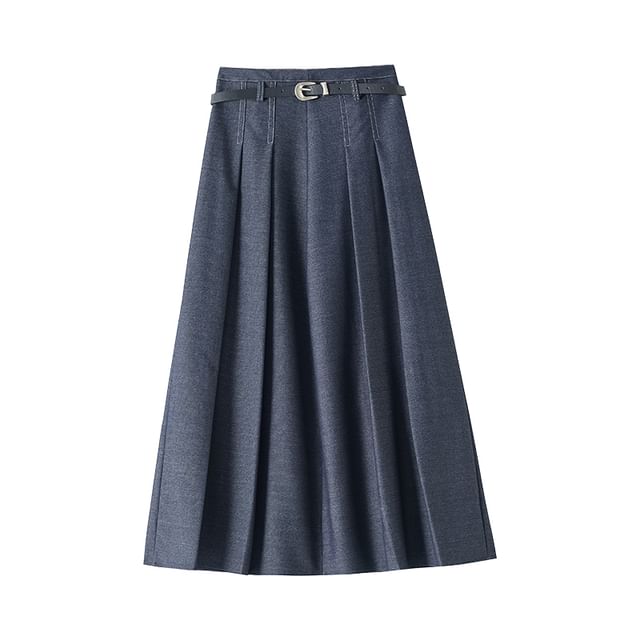Waist Midi Skirt Denim Pleated A-Line High