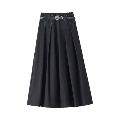 Waist Midi Skirt Denim Pleated A-Line High