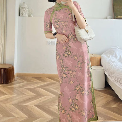 Short Sleeve Floral Rabbit Print Maxi Sheath Qipao
