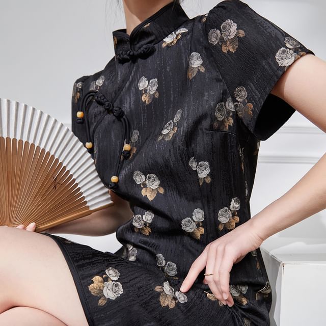 Short Sleeve Floral Print Mini A-Line Qipao