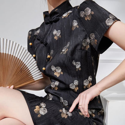 Short Sleeve Floral Print Mini A-Line Qipao