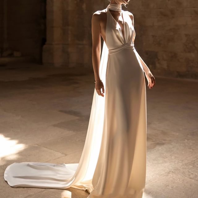 Halter V-Neck Plunge Plain Trained Open Back Satin A-Line Wedding Gown