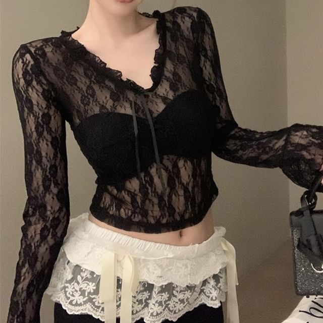 Long Sleeve V-Neck Floral Lace See-Through Crop Top