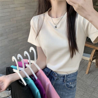 Short-Sleeve Crewneck Plain Crop T-Shirt