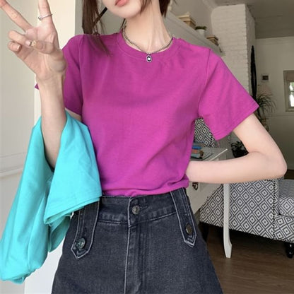 Short-Sleeve Crewneck Plain Crop T-Shirt