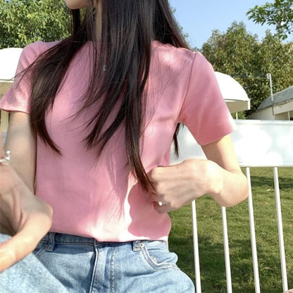 Short-Sleeve Crewneck Plain Crop T-Shirt