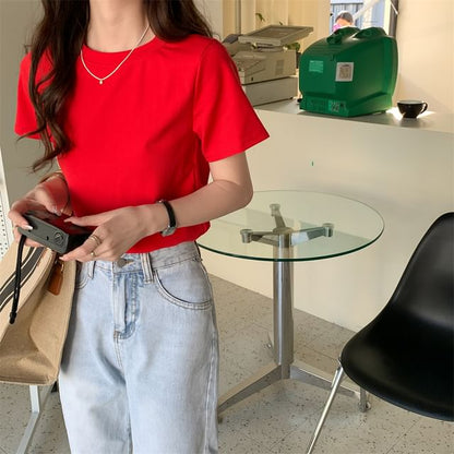 Short-Sleeve Crewneck Plain Crop T-Shirt