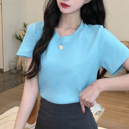 Short-Sleeve Crewneck Plain Crop T-Shirt