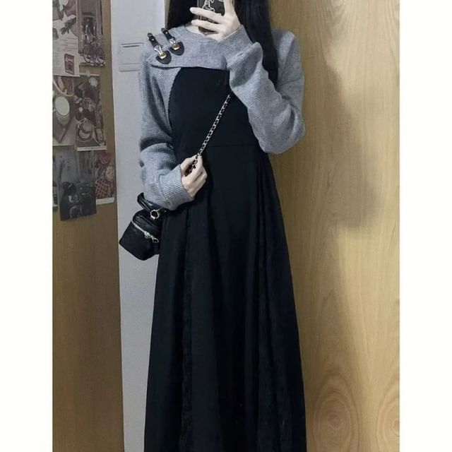 Midi A-Line Dress with Spaghetti Straps and Knit Shrug Set