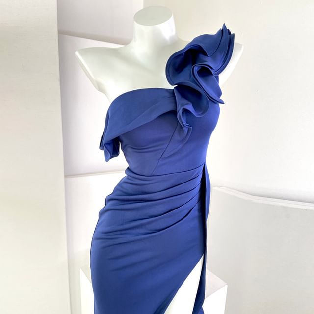 Ruched Evening Ruffle Off-Shoulder Plain Mermaid Slit Trim Gown Cap-Sleeve