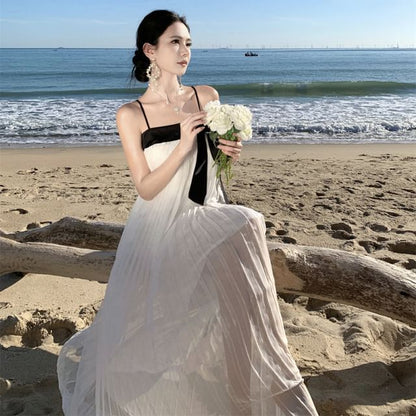 Two-Tone Pleated Panel Maxi A-Line Dress with Spaghetti Straps