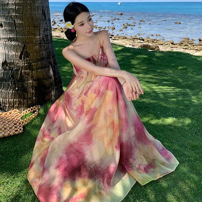 Keyhole Panel Tie-Dye Maxi A-Line Dress with Spaghetti Straps