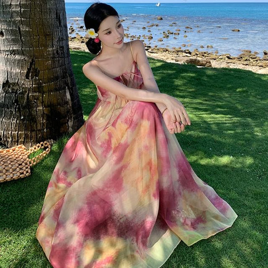 Keyhole Panel Tie-Dye Maxi A-Line Dress with Spaghetti Straps