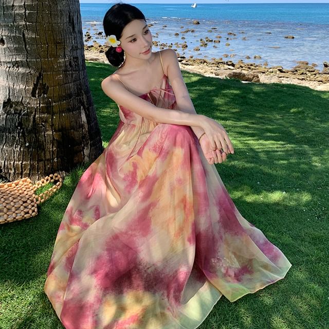 Keyhole Panel Tie-Dye Maxi A-Line Dress with Spaghetti Straps