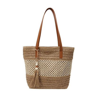 Two-Tone Woven Tassel Tote Bag