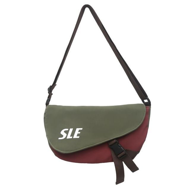 Lettering Two-Tone Buckled Flap Crossbody Bag