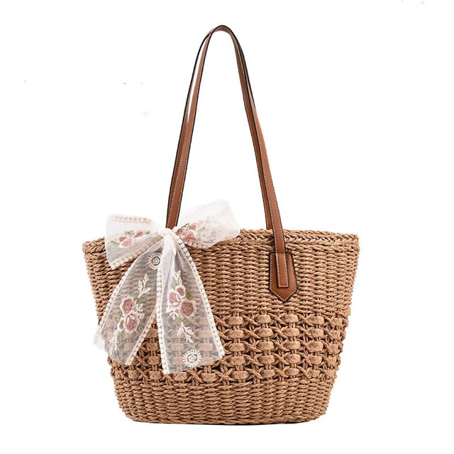 Floral Embroidered Lace Bow Woven Tote Bag