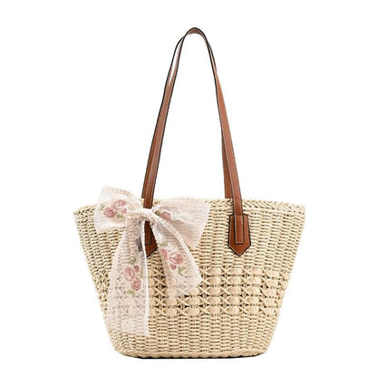 Floral Embroidered Lace Bow Woven Tote Bag