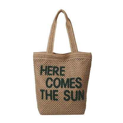 Letter Embroidered Woven Tote Bag