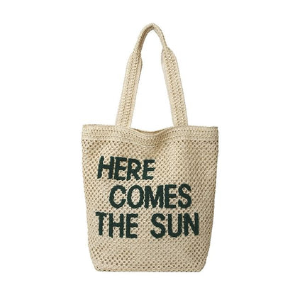 Letter Embroidered Woven Tote Bag