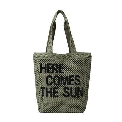 Letter Embroidered Woven Tote Bag