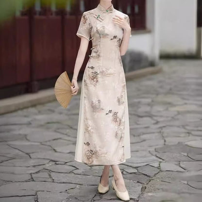 Short Sleeve Floral Print Panel Maxi A-Line Qipao