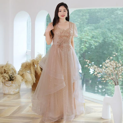 Mesh Gown Size Plus A-Line Evening Short-Sleeve