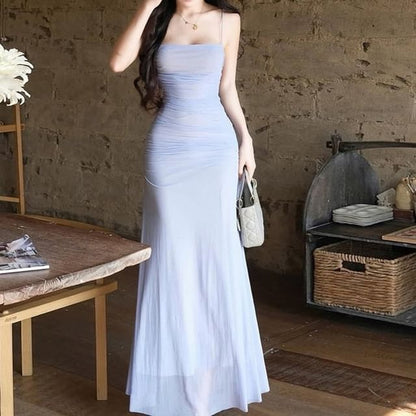 Ruched Sheer Maxi Bodycon Dress with Spaghetti Straps