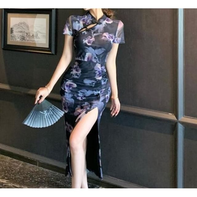 Short-Sleeve Floral Print Maxi Sheath Qipao Dress