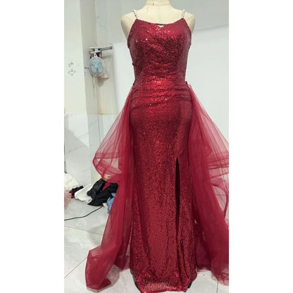 Sequin Ruffle Side-Slit A-Line Evening Gown with Spaghetti Straps