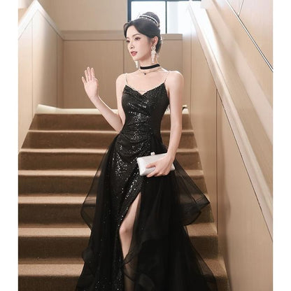 Spaghetti Strap Sequin Ruffle Side-Slit A-Line Evening Gown