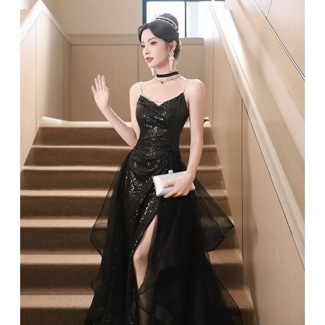 Sequin Ruffle Side-Slit A-Line Evening Gown with Spaghetti Straps