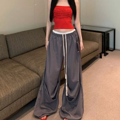 Lettering Print Crop Camisole Top / Drawstring Waist Contrast Trim Wide Leg Pants