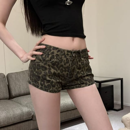 Low Rise Leopard Print Denim Hot Pants