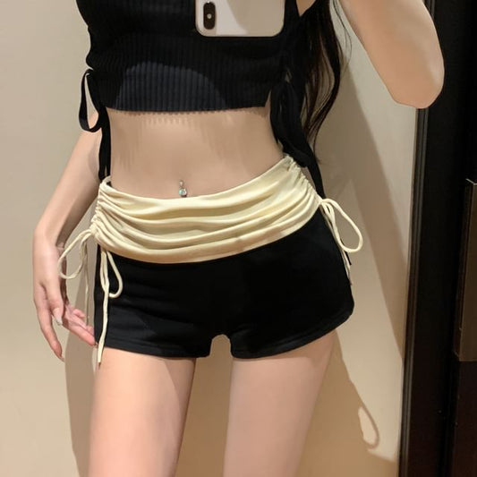 High Waist Two Tone Drawstring Ruched Hot Pants