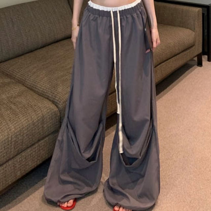 Lettering Print Crop Camisole Top / Drawstring Waist Contrast Trim Wide Leg Pants