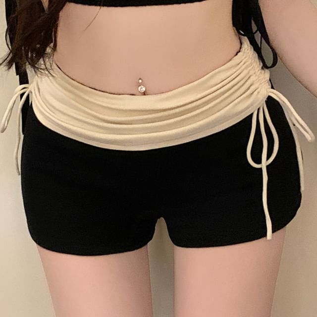 High Waist Two Tone Drawstring Ruched Hot Pants