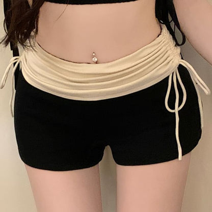 High Waist Two Tone Drawstring Ruched Hot Pants