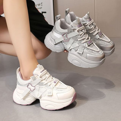 Platform Mesh Panel Rhinestone Lace-Up Faux Leather Sneakers