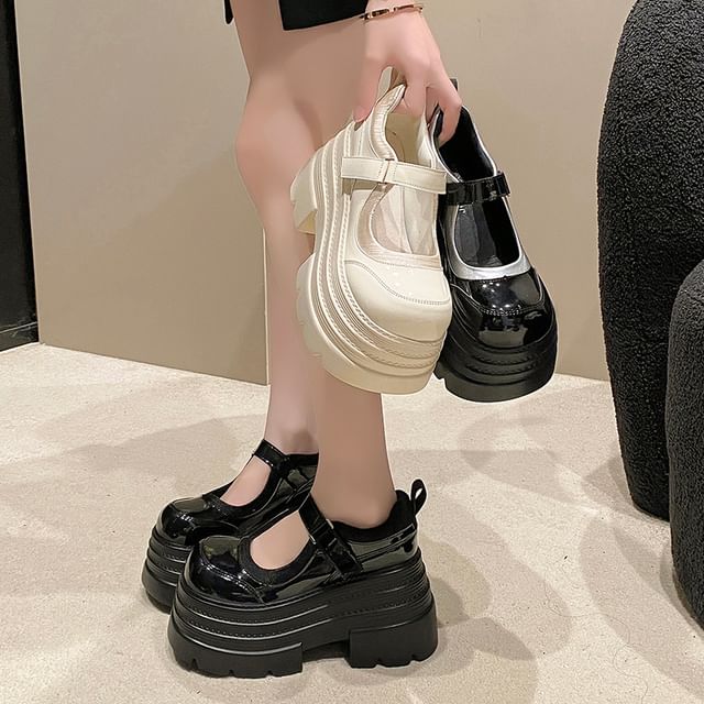 Platform Adhesive Strap Faux Leather Mary Jane Shoes