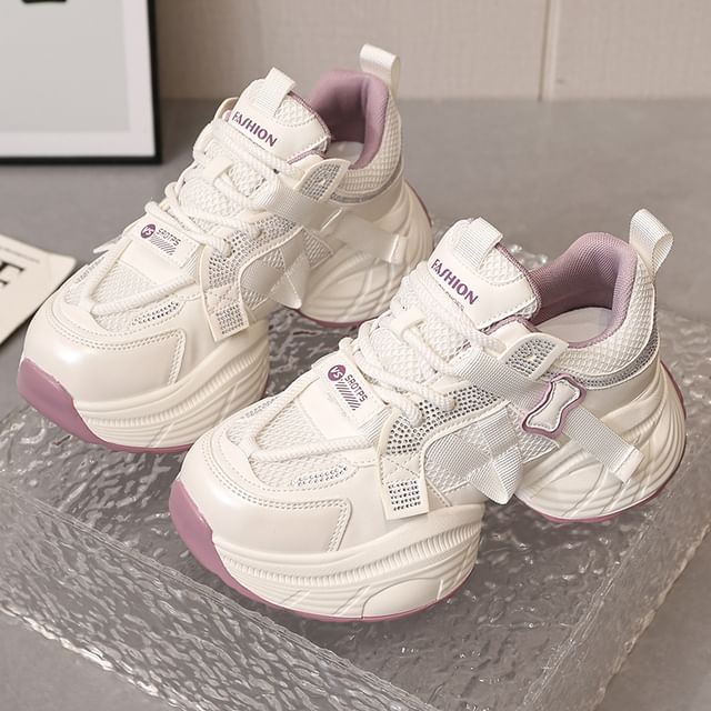 Platform Mesh Panel Rhinestone Lace-Up Faux Leather Sneakers
