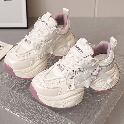 Platform Mesh Panel Rhinestone Lace-Up Faux Leather Sneakers