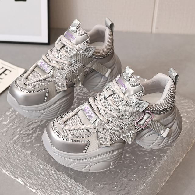 Platform Mesh Panel Rhinestone Lace-Up Faux Leather Sneakers