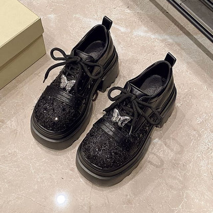 Platform Tweed Panel Lace-Up Faux Leather Brogue Shoes