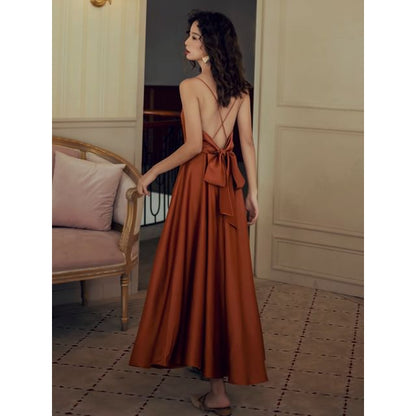 V-Neck Backless Maxi A-Line Dress with Spaghetti Straps