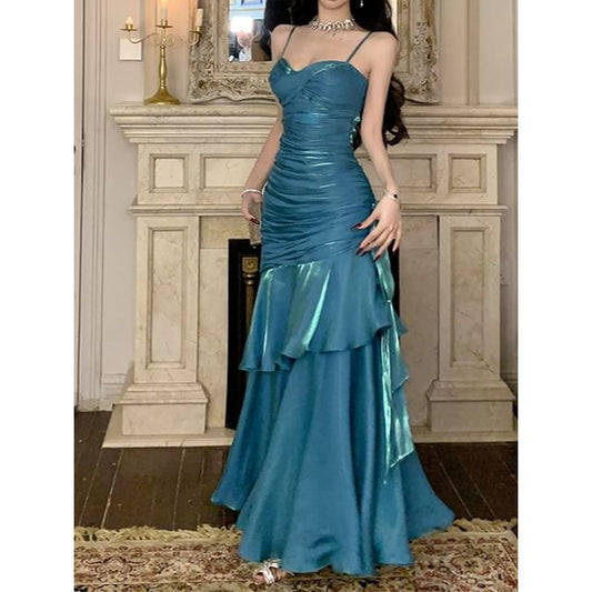 Evening Neck Ruched Plain Scoop Spaghetti Strap gown Mermaid