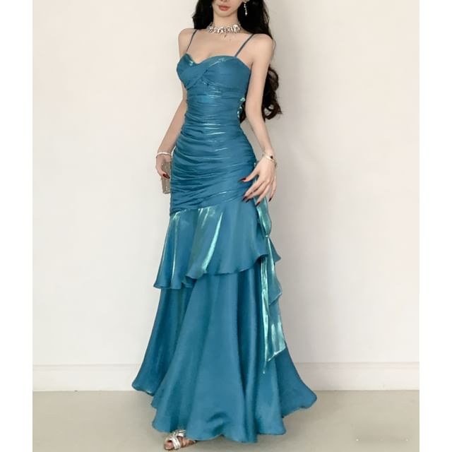 Scoop Neck Ruched Mermaid Evening Gown with Spaghetti Straps
