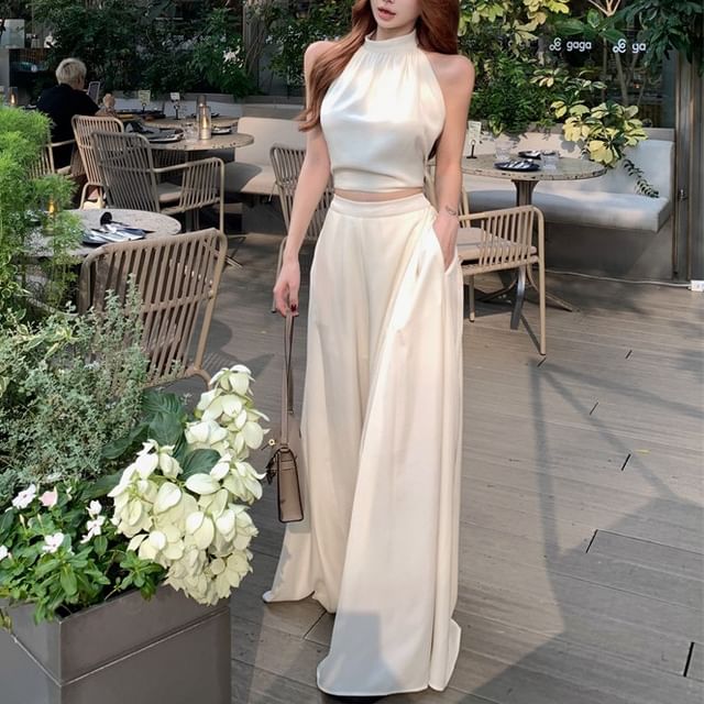 Sleeveless Halter Neck Plain Crop Top / High Rise Plain Wide Leg Pants