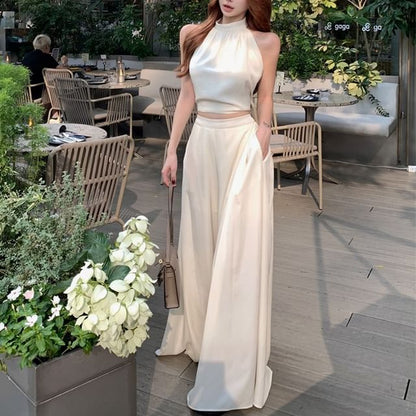 Sleeveless Halter Neck Plain Crop Top / High Rise Plain Wide Leg Pants
