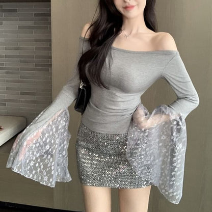 Long-Sleeve Off Shoulder Plain Lace Panel Top